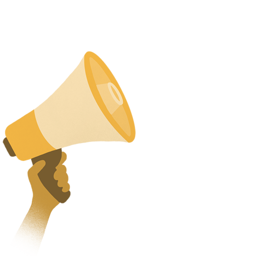 DelawareKidsCAN Yellow Megaphone with Sound Waves Decorative image. Yellow hand holding a yellow megaphone.