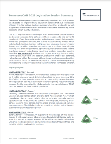 TennesseeCAN 2021 Legislative Session Summary